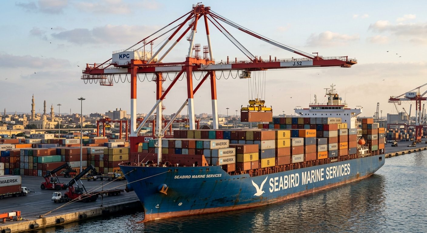 The Seabird Marine Services container ship being worked by a gantry crane at a port terminal